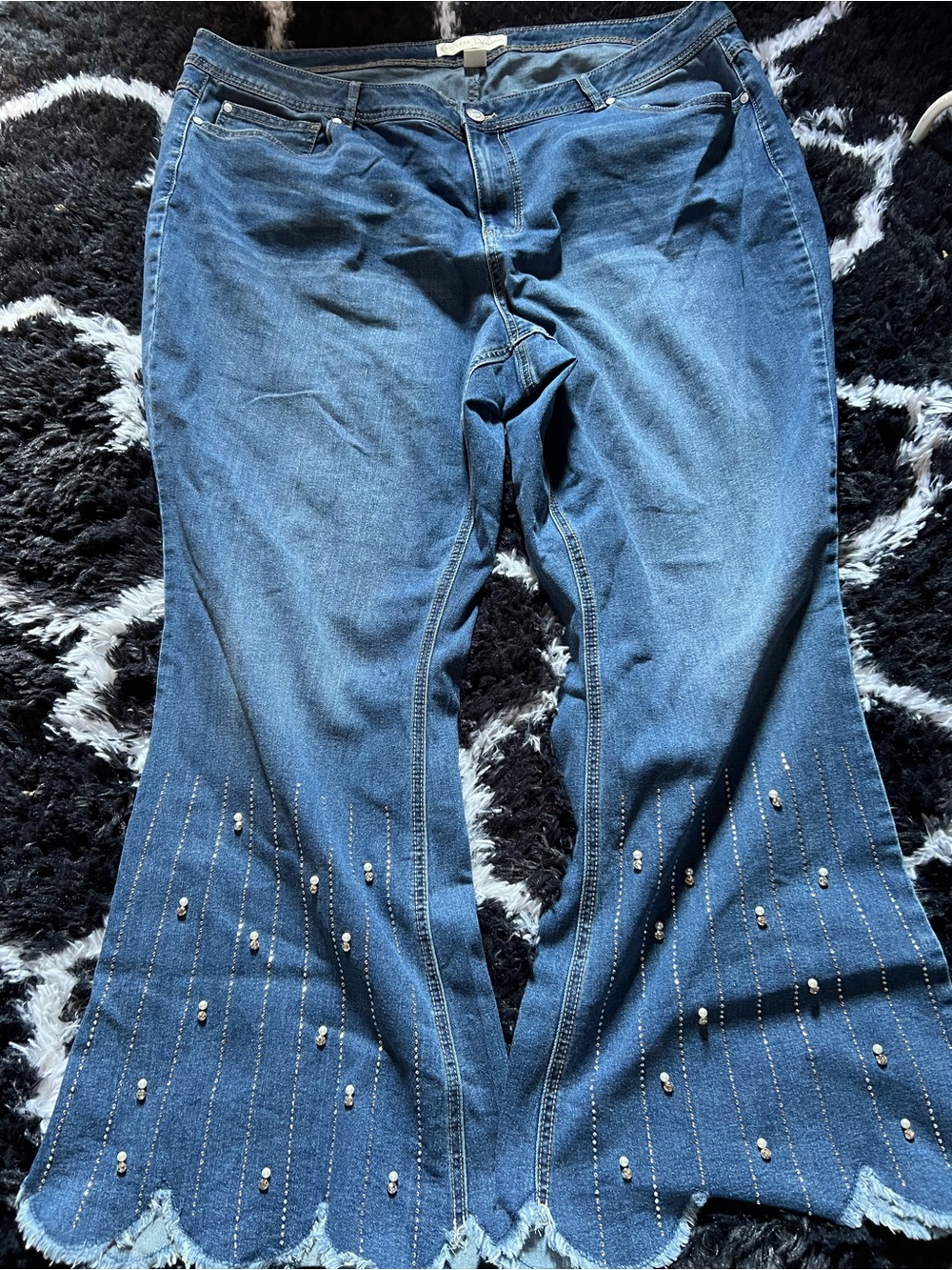 Embellished Dark Blue Flare Jeans with Scalloped Hem